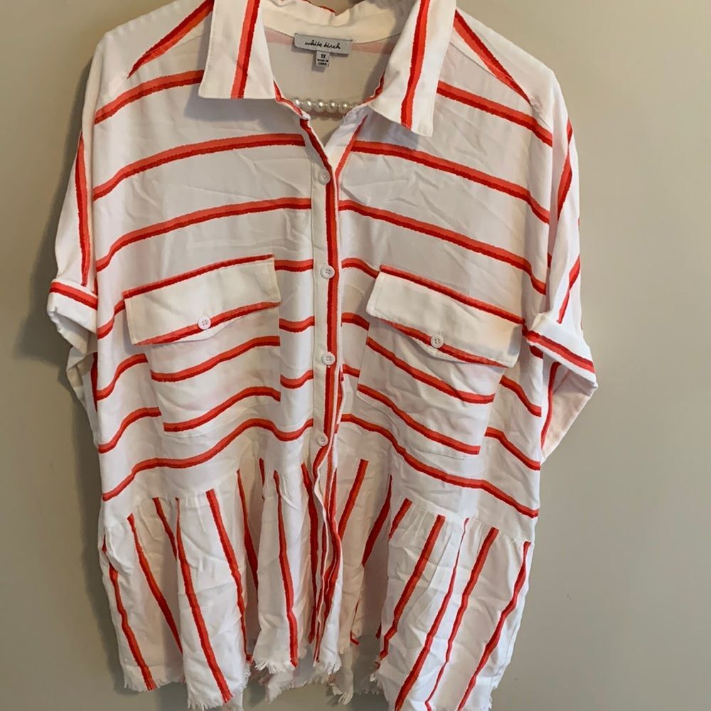 white birch White Button-Down Shirt with Orange-Red Stripes
